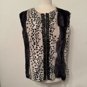 Cow Print Faux Fur Leather Full Zip Vest Size Large
